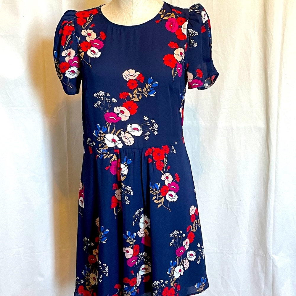 Popsugar Floral Short Sleeve Dress Size S navy red tulip sleeve EUC